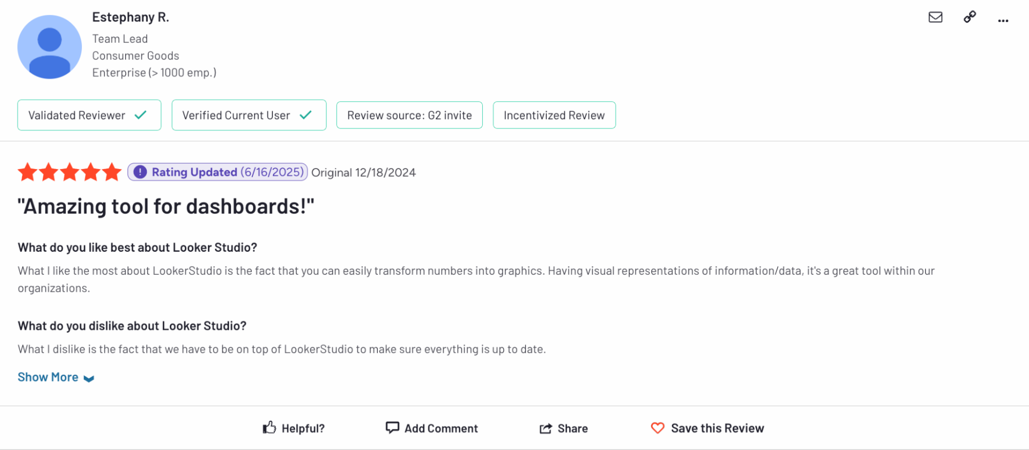 Looker Studio Positive Review - Review of Looker Studio with five star rating and positive comments.
