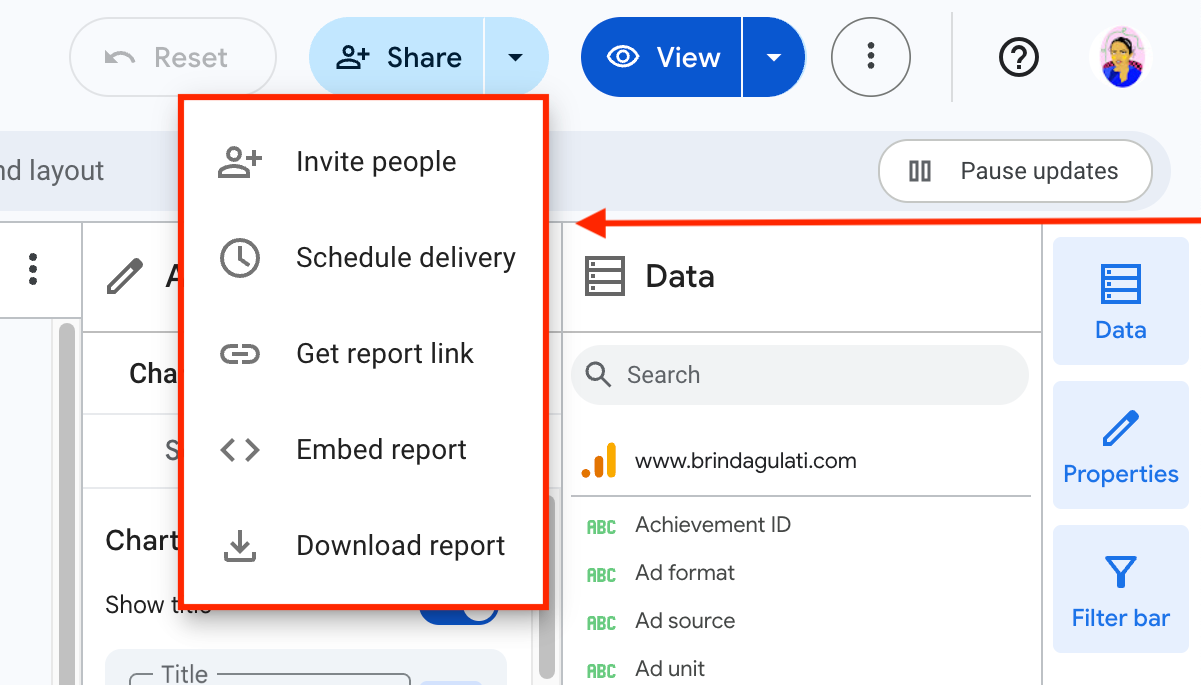 Looker Studio Report Share Options - A report interface showing share, data and property options.