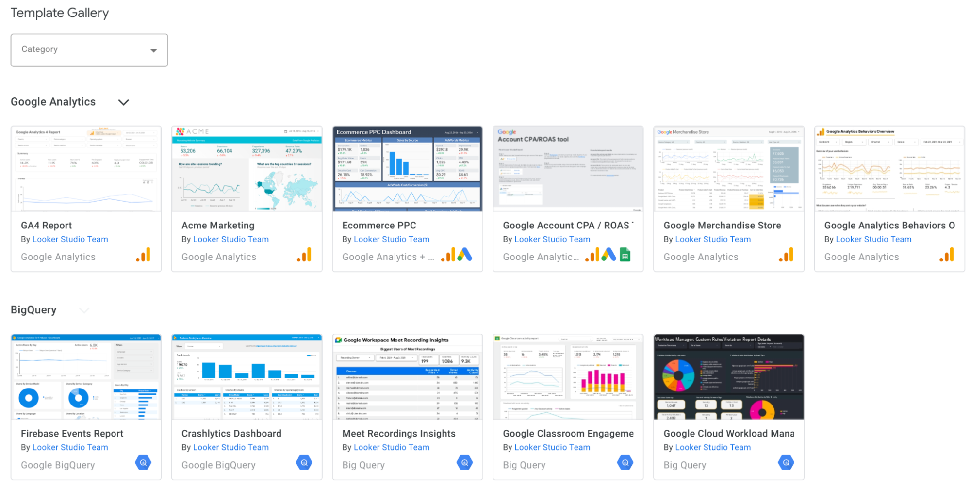 Looker Studio Template Gallery - Template gallery of dashboards categorized by data source.