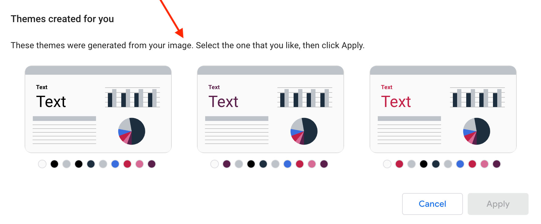 Looker Studio Theme Extractor - A screen displaying three theme options generated from a user's image.