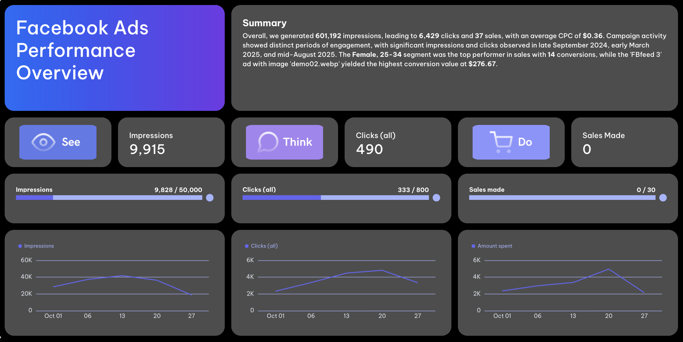 Looker Studio Facebook Ads Report Template - Performance Overview - Facebook ads performance overview with charts and metrics.
