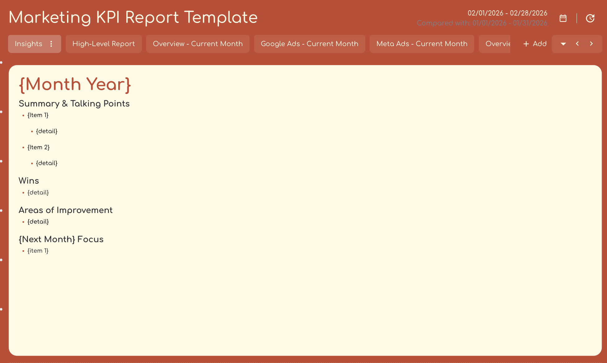 Marketing KPI Dashboard Example - KPI dashboard with sections for monthly summaries, wins, and improvements.