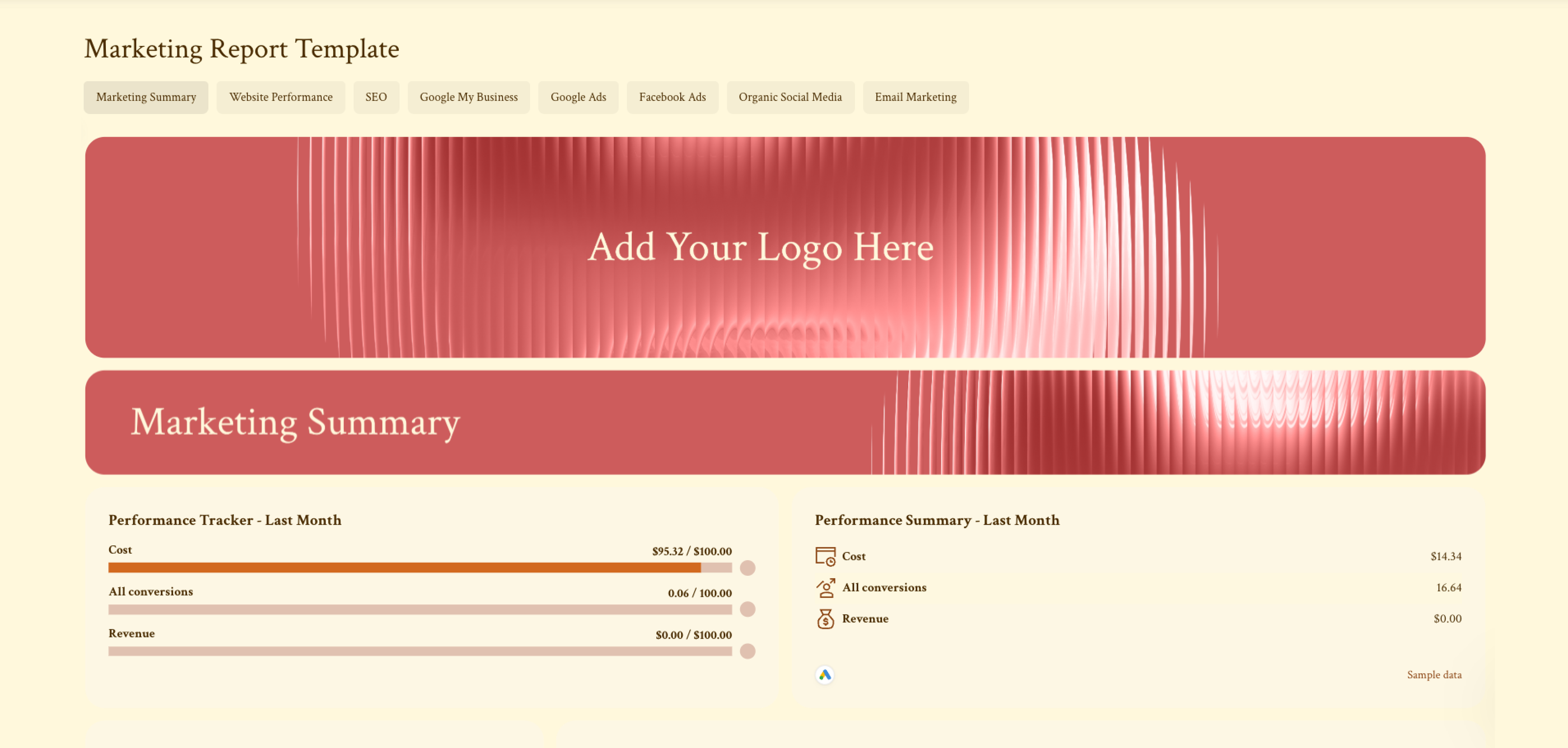 Marketing Report Template - Marketing report template with logo placeholder and data displays.