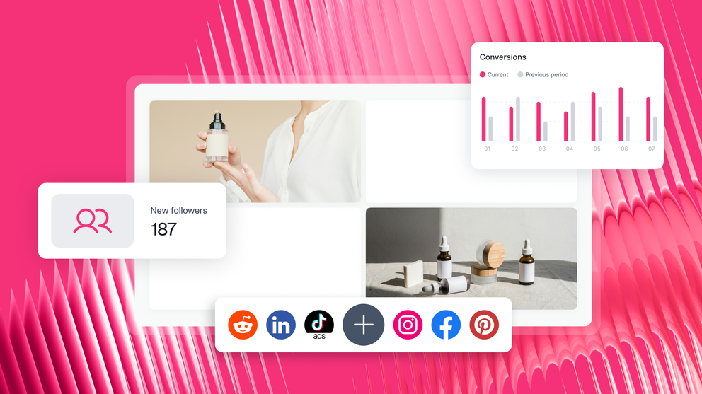 Marketing report examples - Interface showing new followers, conversions, social media icons.