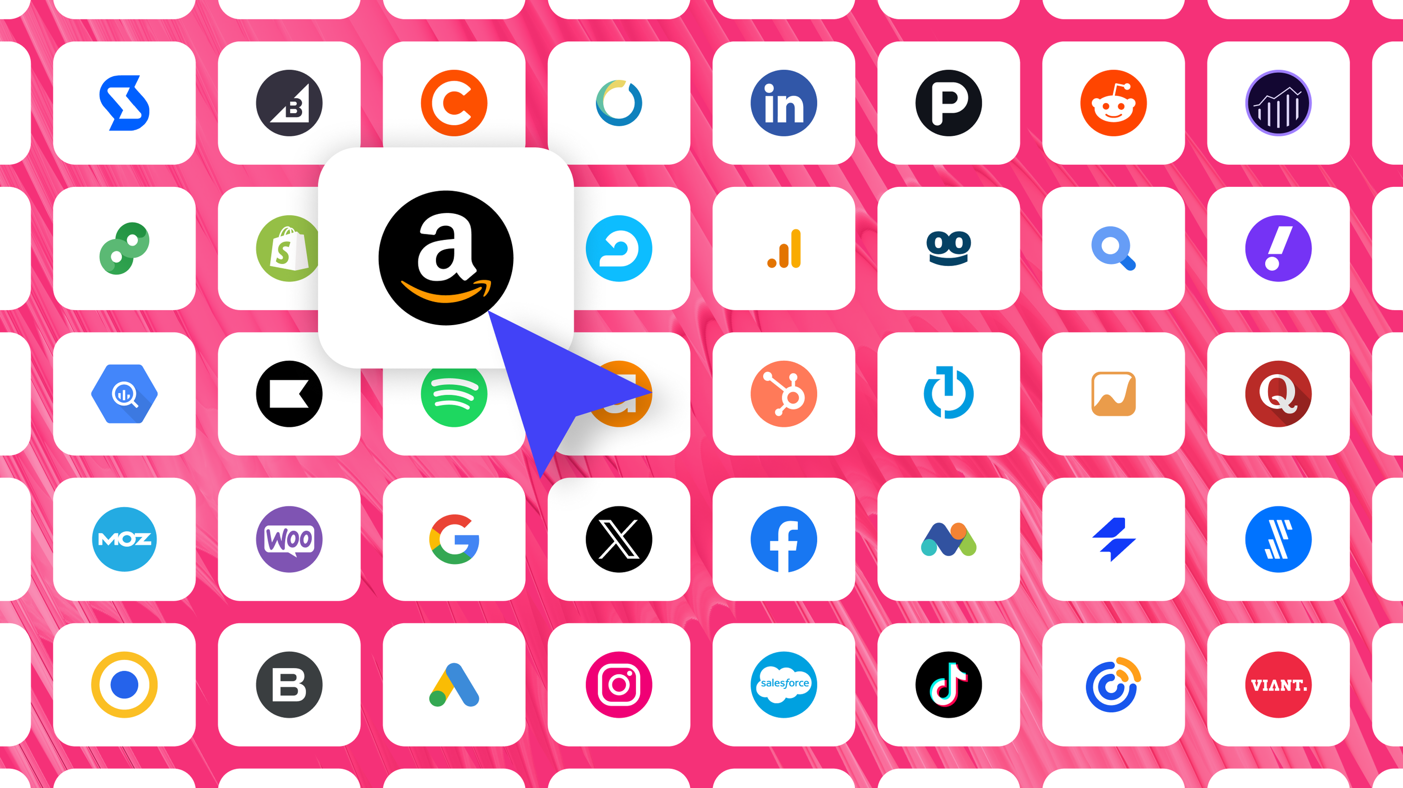 Whatagraph Integrations - An array of app logos on a pink background.