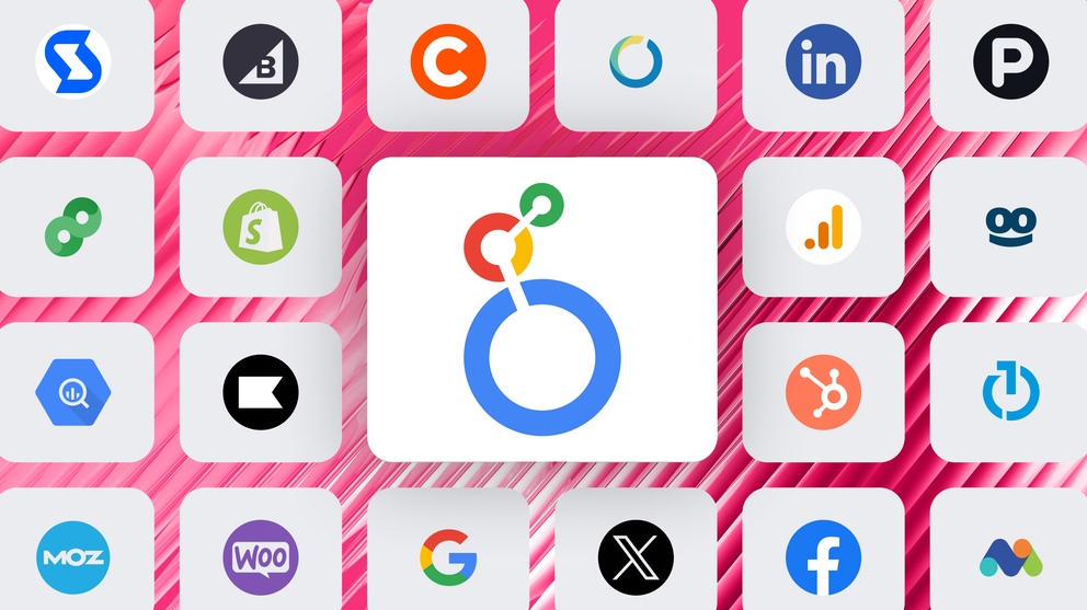 Looker Studio connectors - Various brand logos arranged on a pink background