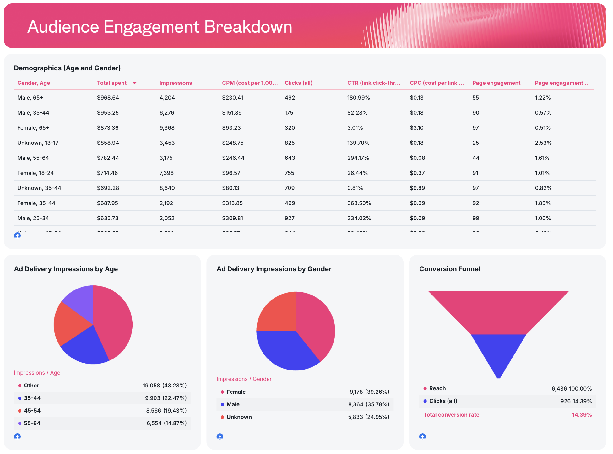 Meta Ads Audience Engagement Breakdown - A dashboard showing tables, pie charts, and a funnel.