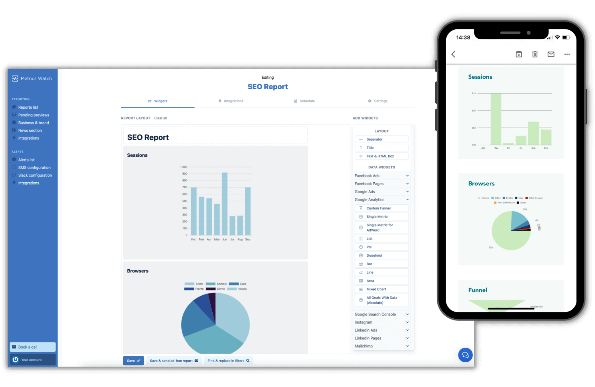 Metrics Watch - Analytics dashboards on desktop and mobile showing charts and data visualizations.
