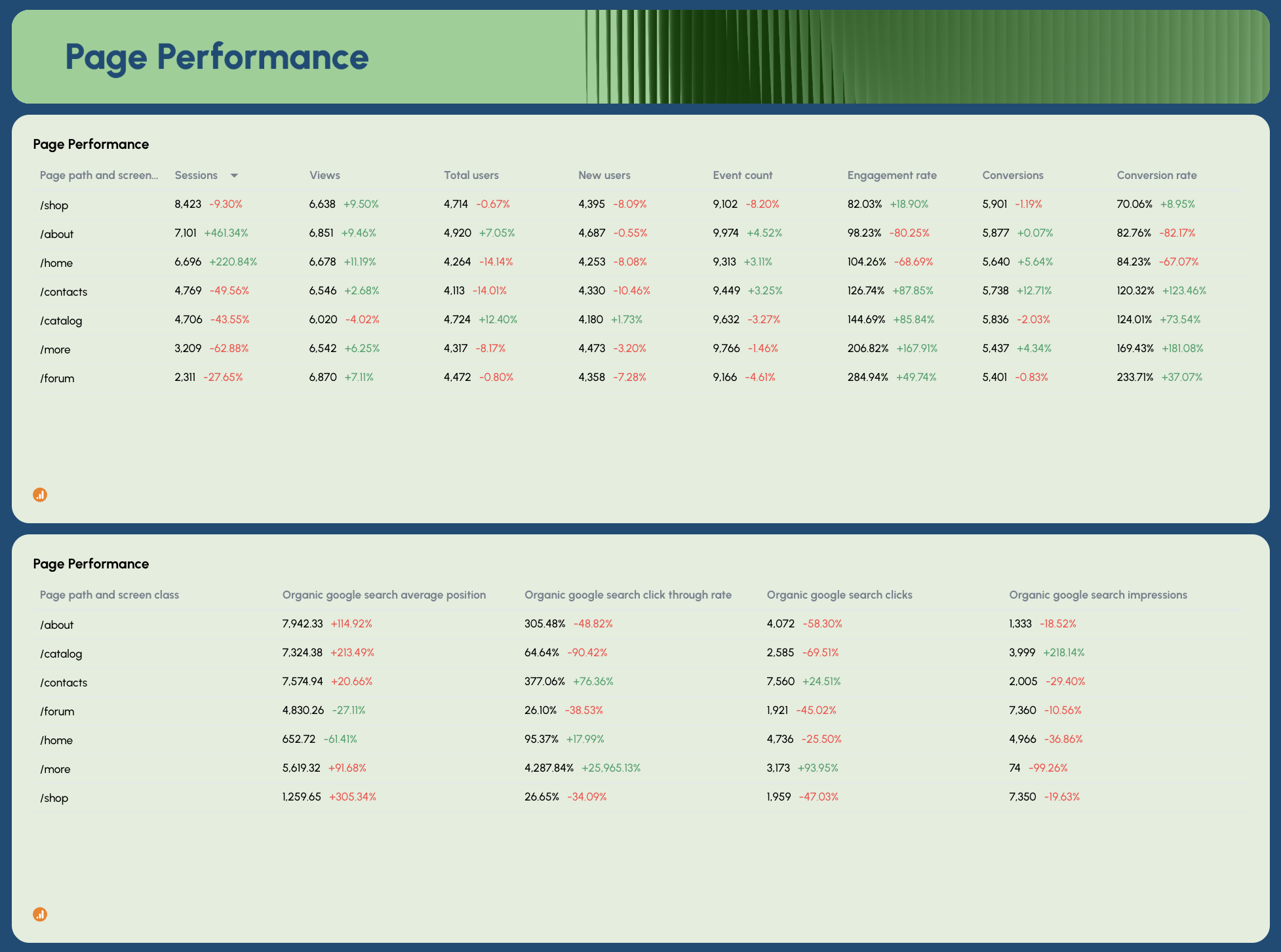 Page Performance - Two tables displaying page performance metrics.