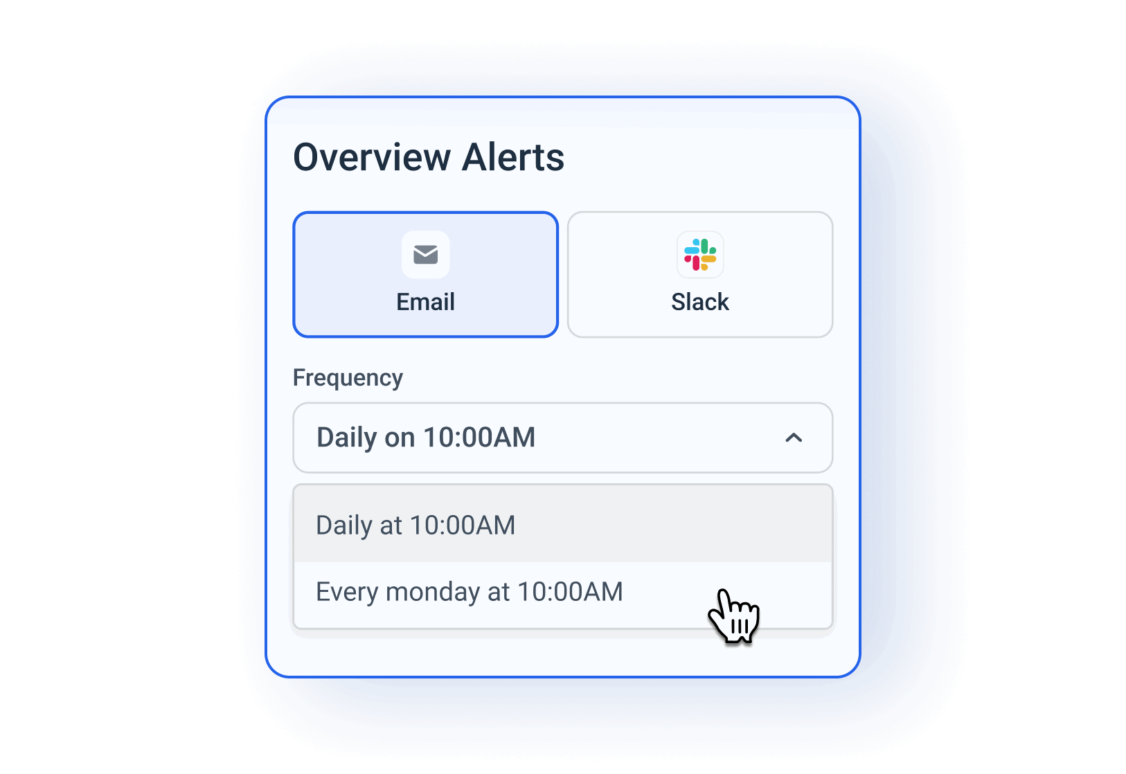 Overview Alerts - Alert frequency settings with email and slack notification options.