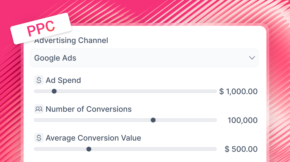 PPC Calculator - PPC advertising channel interface with Google Ads selected and spend values set.