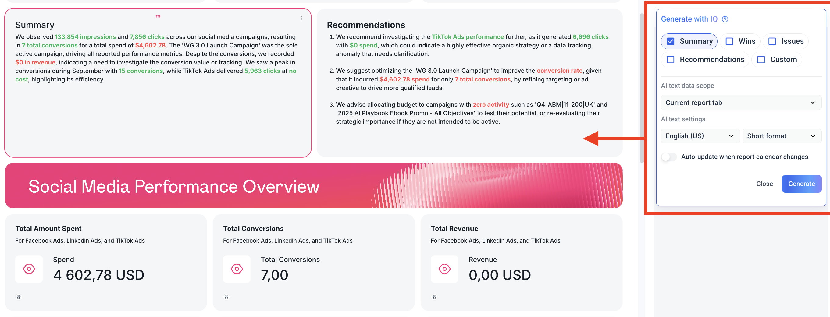 Performance Summary - Analytics dashboard showing social media performance metrics and recommendations.