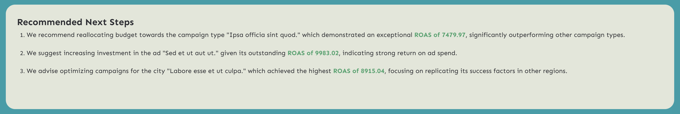 Recommendations - A light green box lists three recommended next steps with text on a turquoise background.