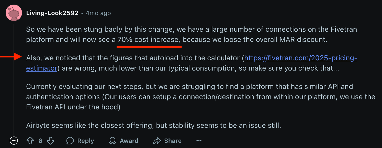 Reddit User Fivetran - Reddit comment screenshot, dark theme, text, upvote/downvote buttons.
