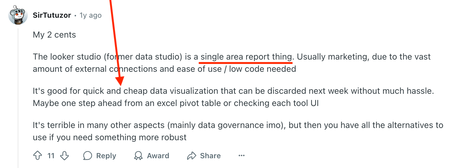 Reddit User Comment On Looker Studio - A screenshot of a user's text comment on a website.
