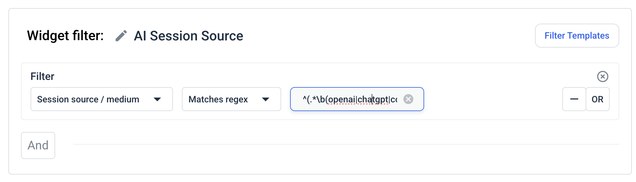 Regex Filter - Dashboard interface showing 