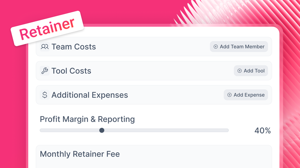 Retainer fee Calculator - Retainer fee calculator interface with team costs, tool costs, and expenses sections.