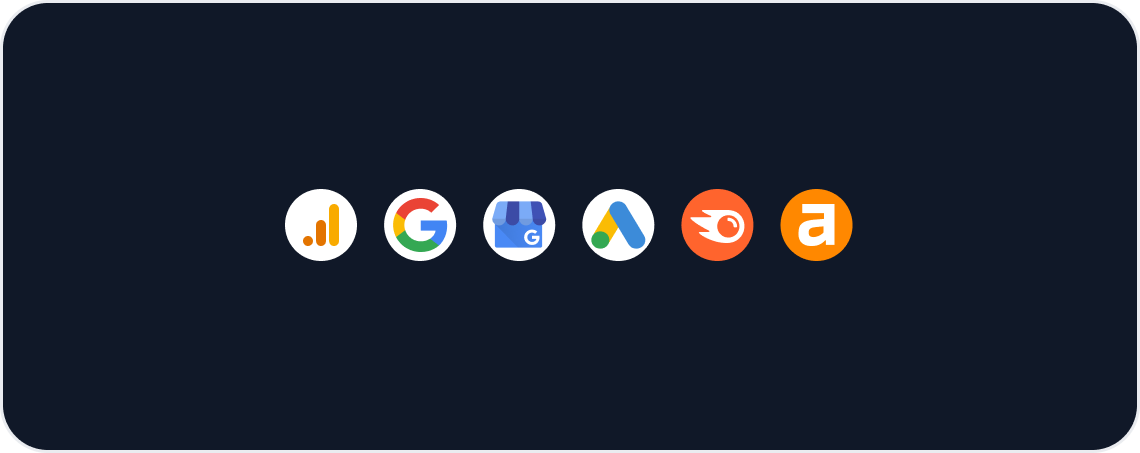 SEM Report Template - A row of app icons for Google Analytics, Ads, and Amazon.