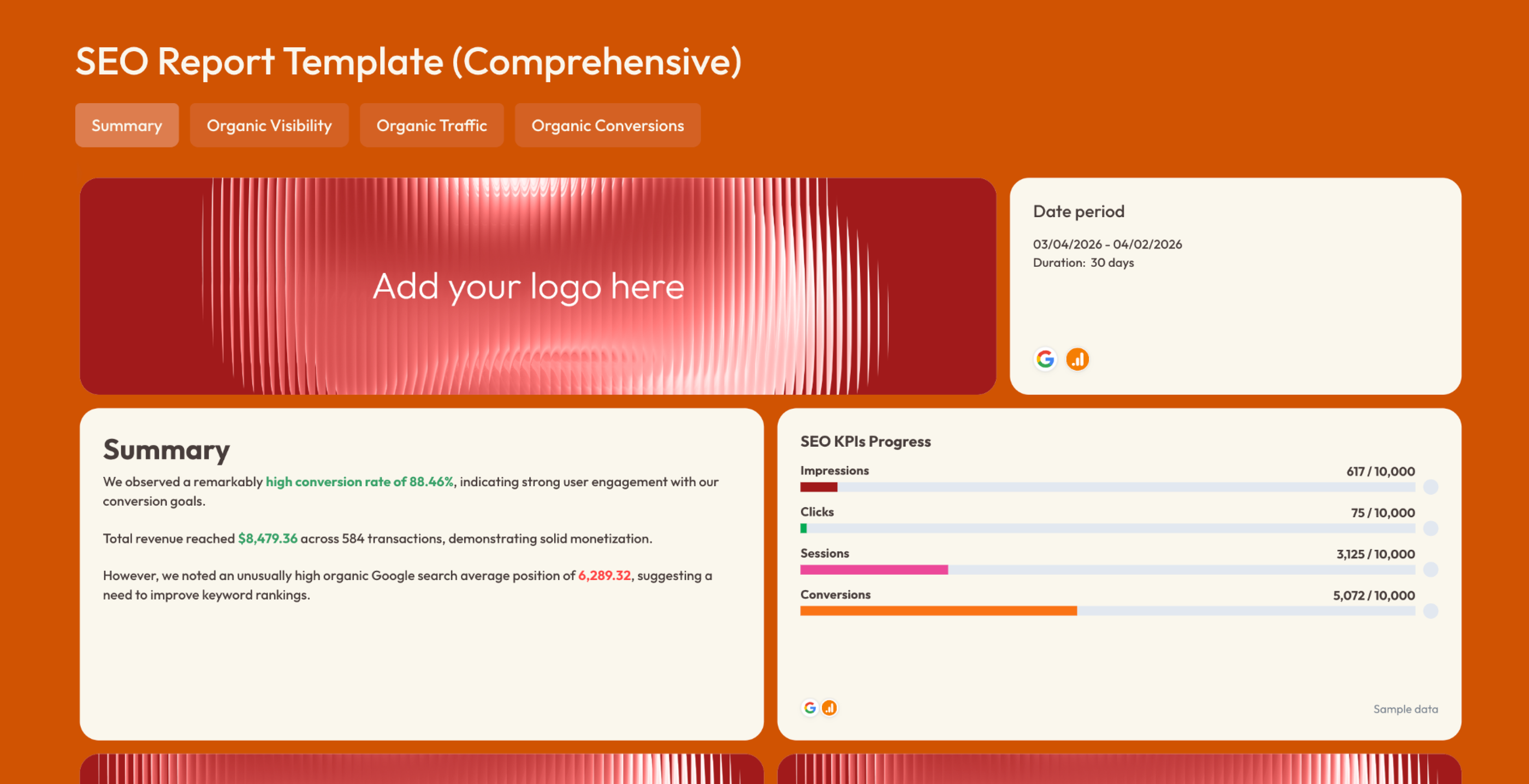SEO Report Template - SEO report template showing key performance indicators.