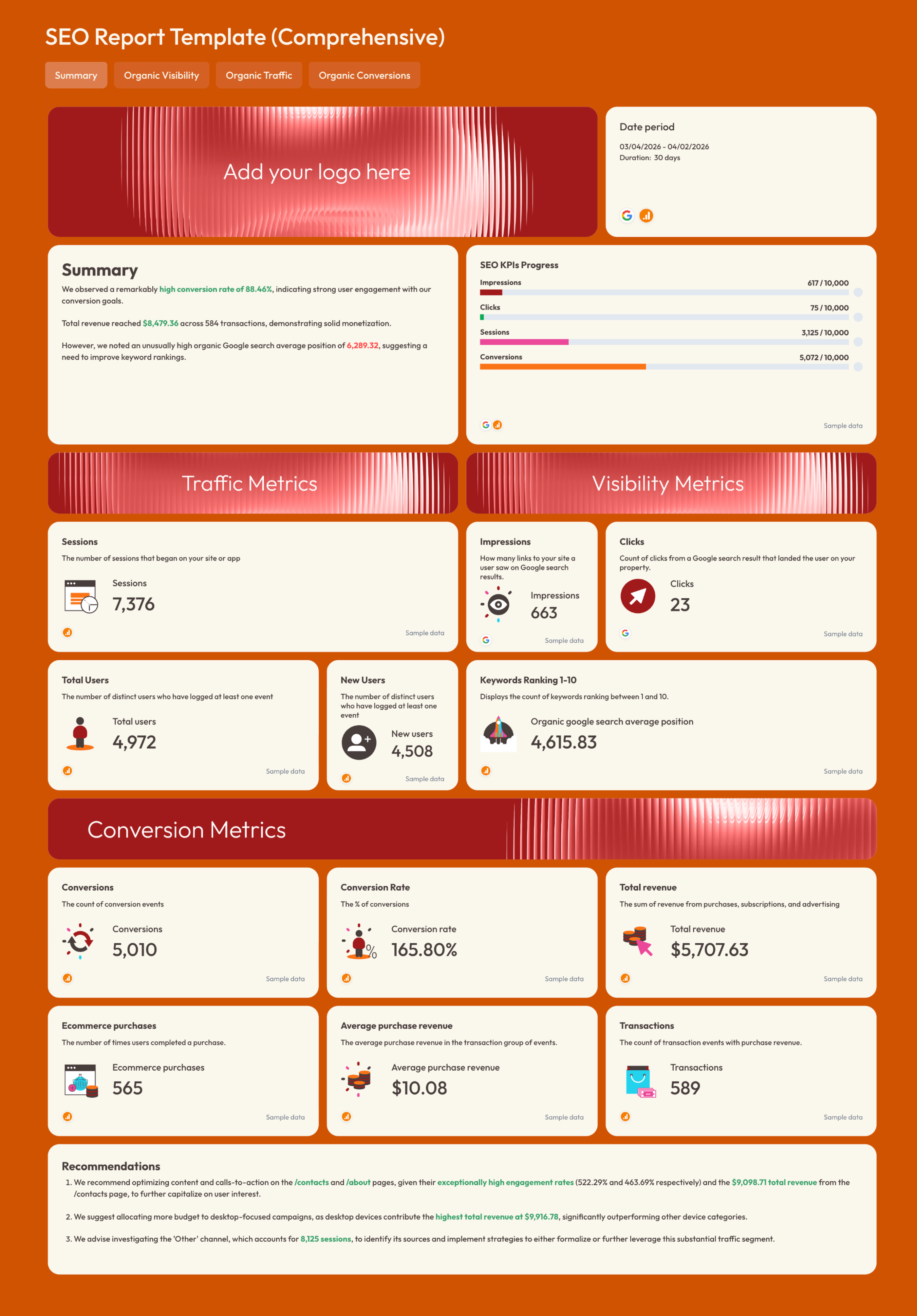 SEO Report Template - A comprehensive SEO report template with charts and data visualizations.