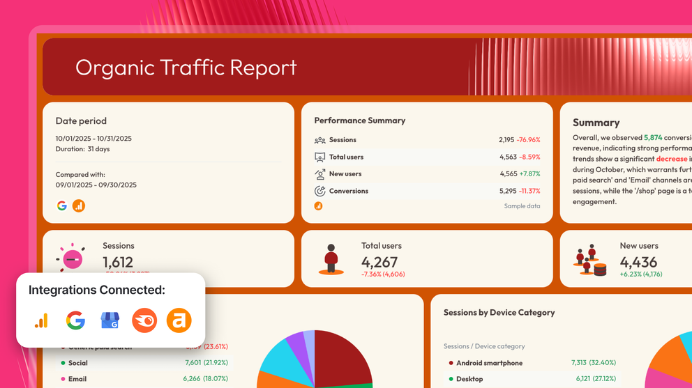 SEO Dashboard Examples - Dashboard with charts, metrics, and integration logos.