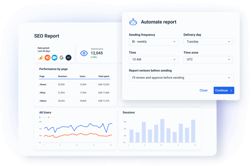 SEO Reporting Tool - Interface with SEO report and automation options.
