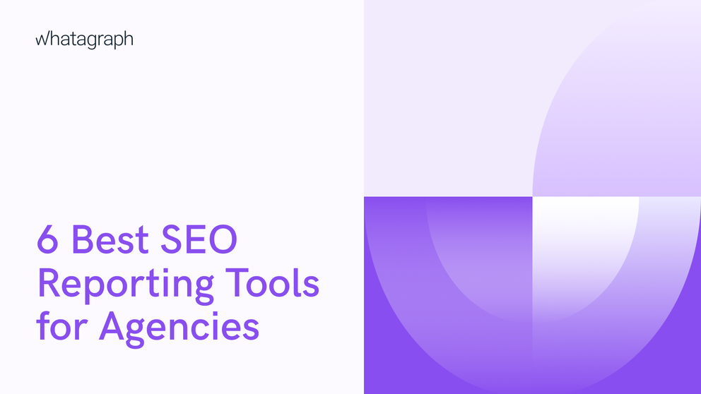 SEO Reporting Tools For Agencies - Title slide with text and abstract purple shapes.