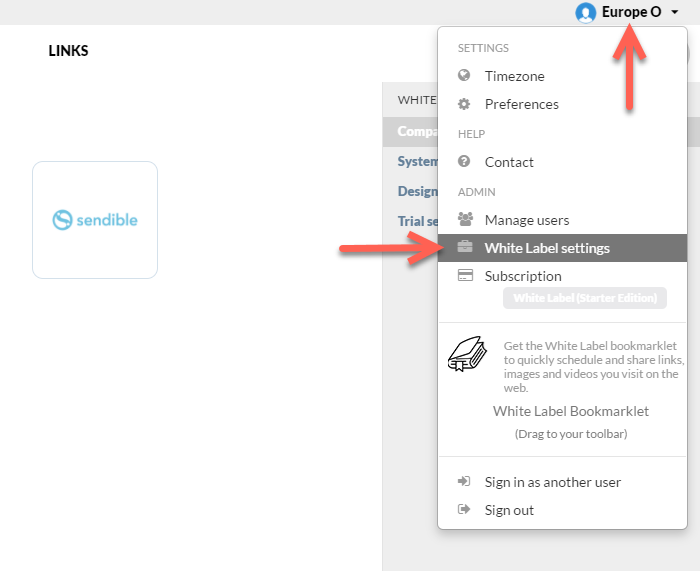 Sendible White Label Feature - Dropdown menu with 