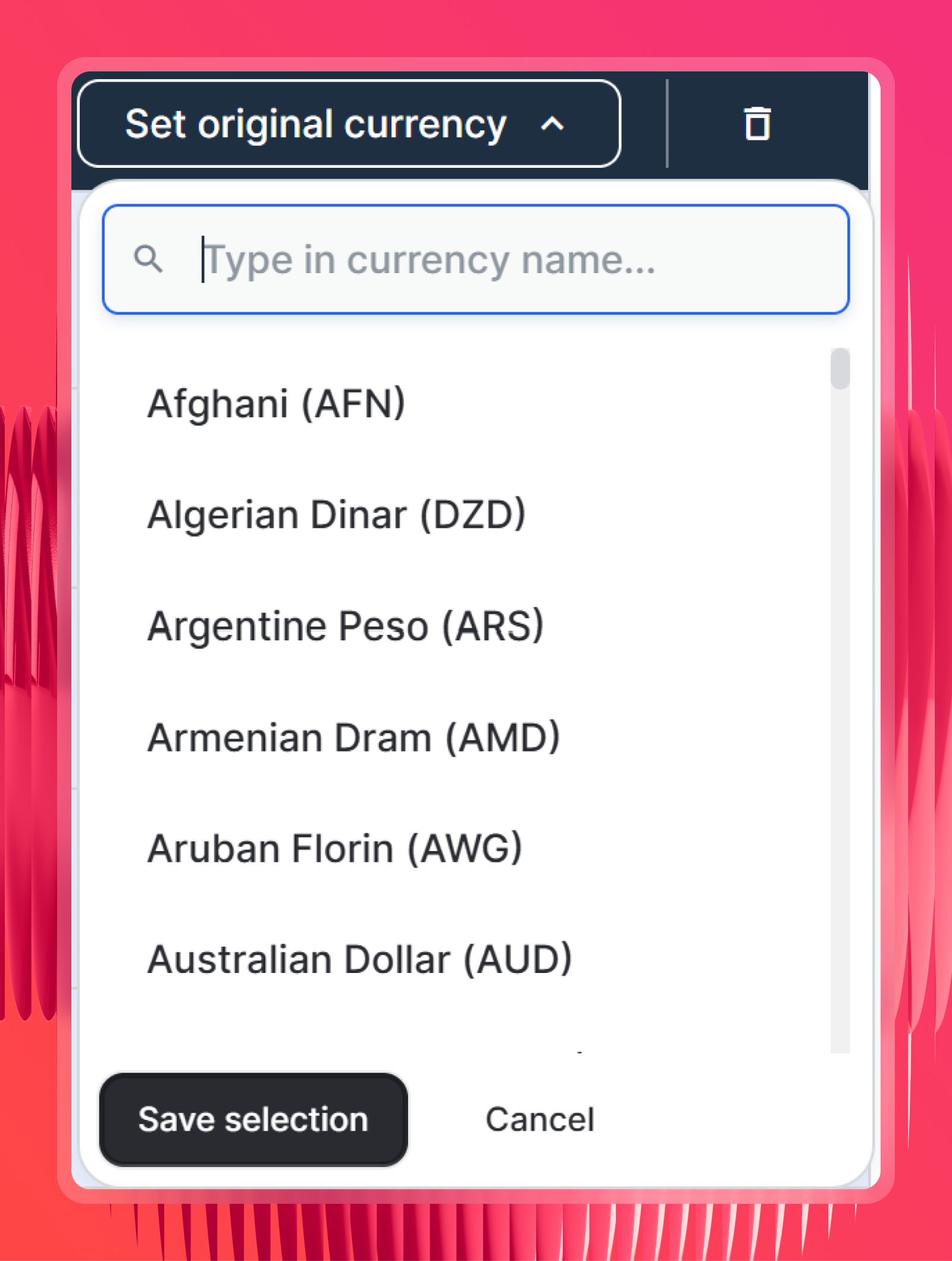 Set Currency - Dropdown menu to select currency. Search bar at the top.