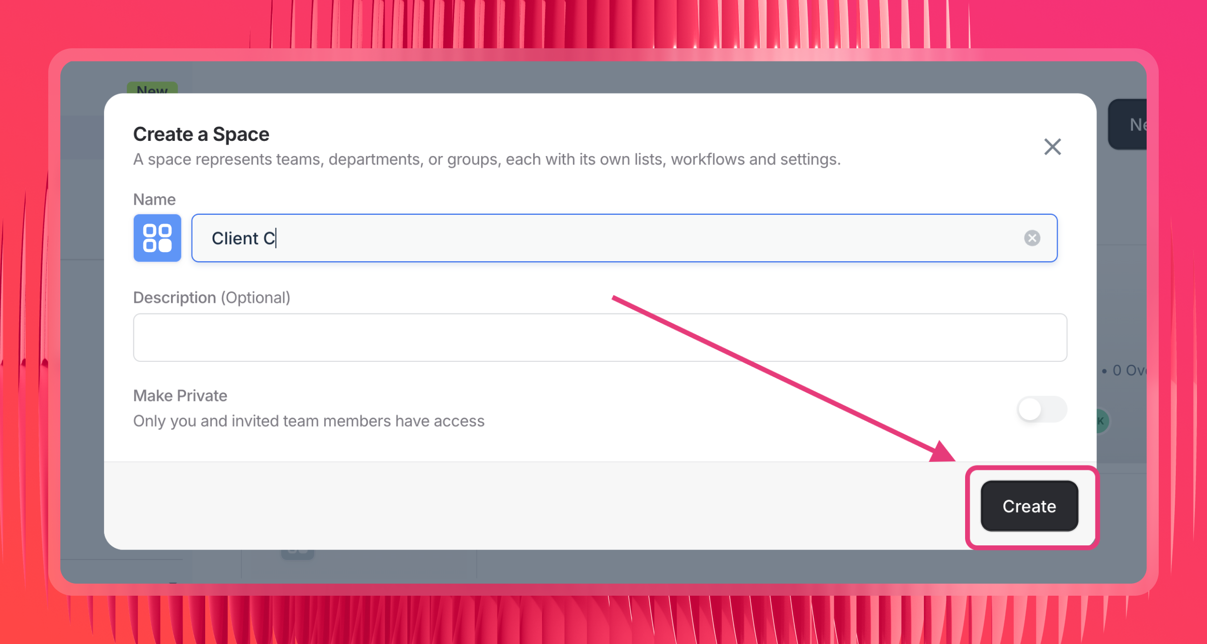 Set Up Spaces - A modal window labeled 