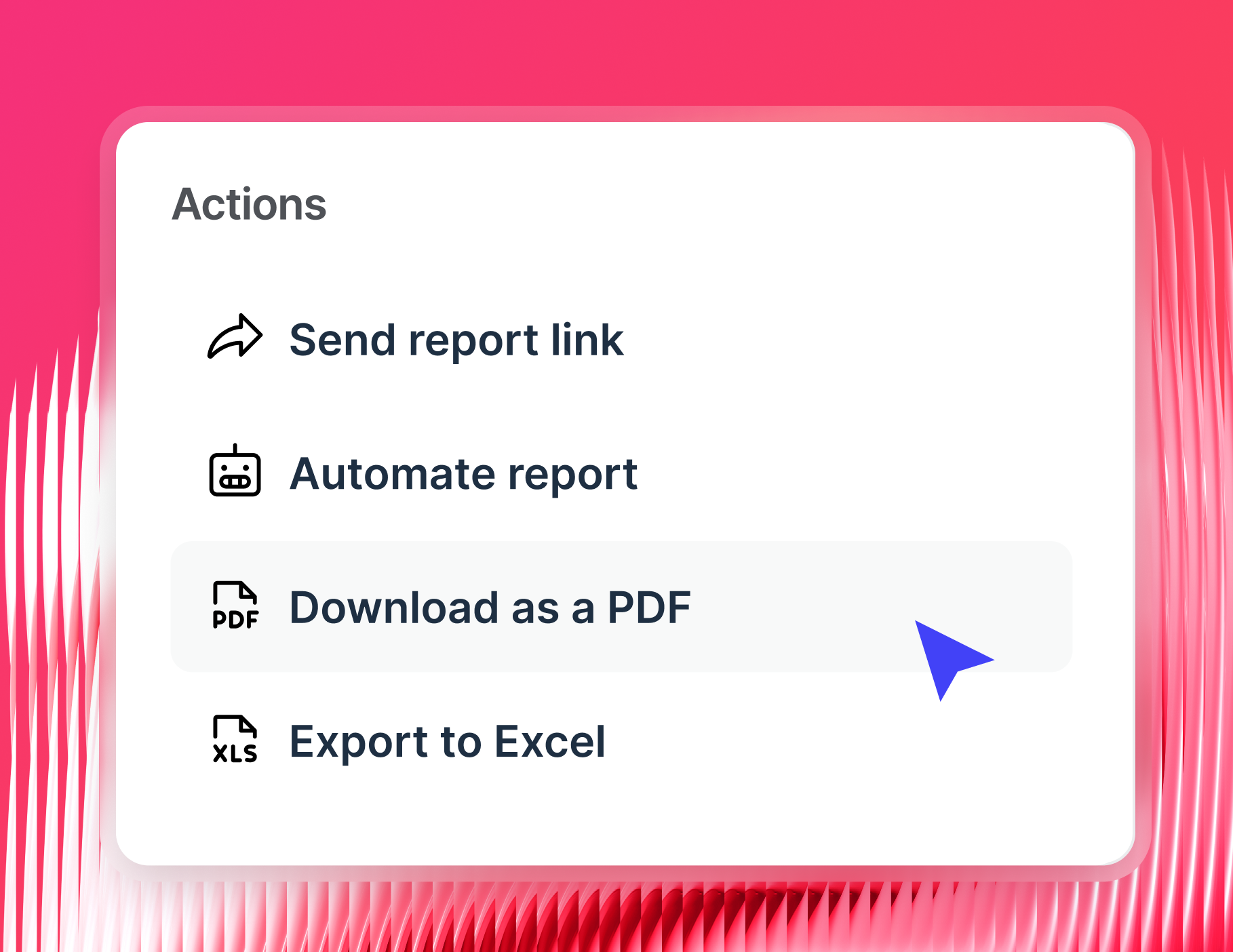 "Share Your Data - Instagram Report Generator" - Options menu with "Send report link," "Automate report," and download/export options.