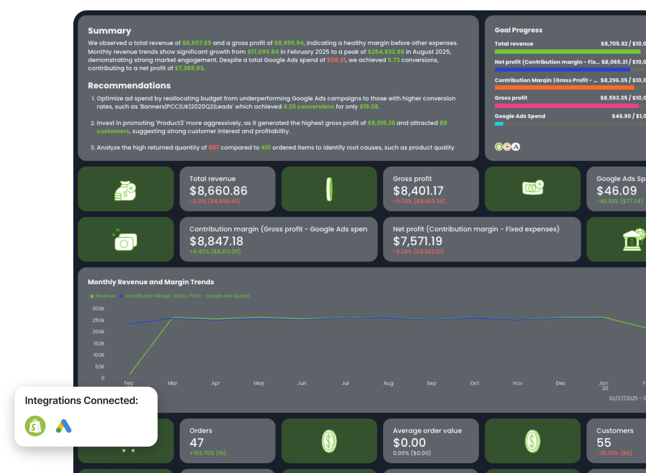 Shopify Dashboard Example With Google Ads - Analytics dashboard showing revenue, profit, and customer data.