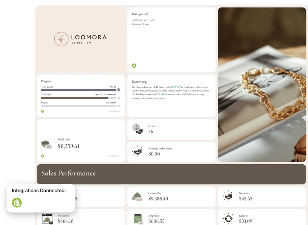 Shopify Reporting Tool - Dashboard view with sales figures, charts, and connected integrations.