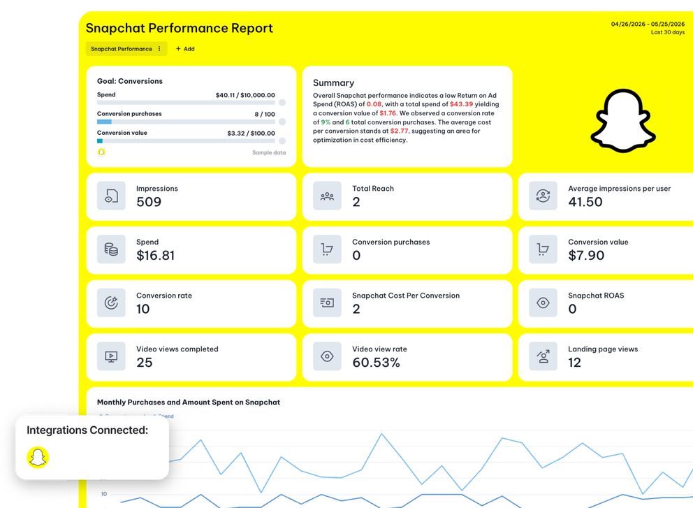 Snapchat Reporting Tool - Snapchat performance report showing metrics in a dashboard layout.