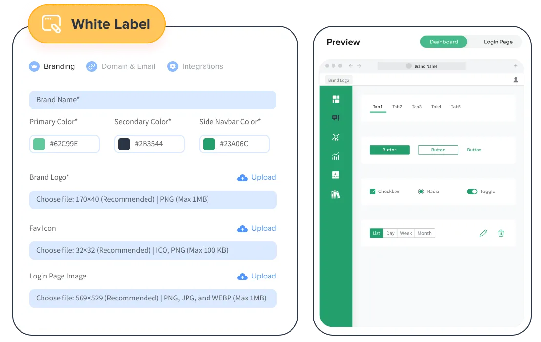 SocialPilot Dashboard - White label settings with branding and preview options.