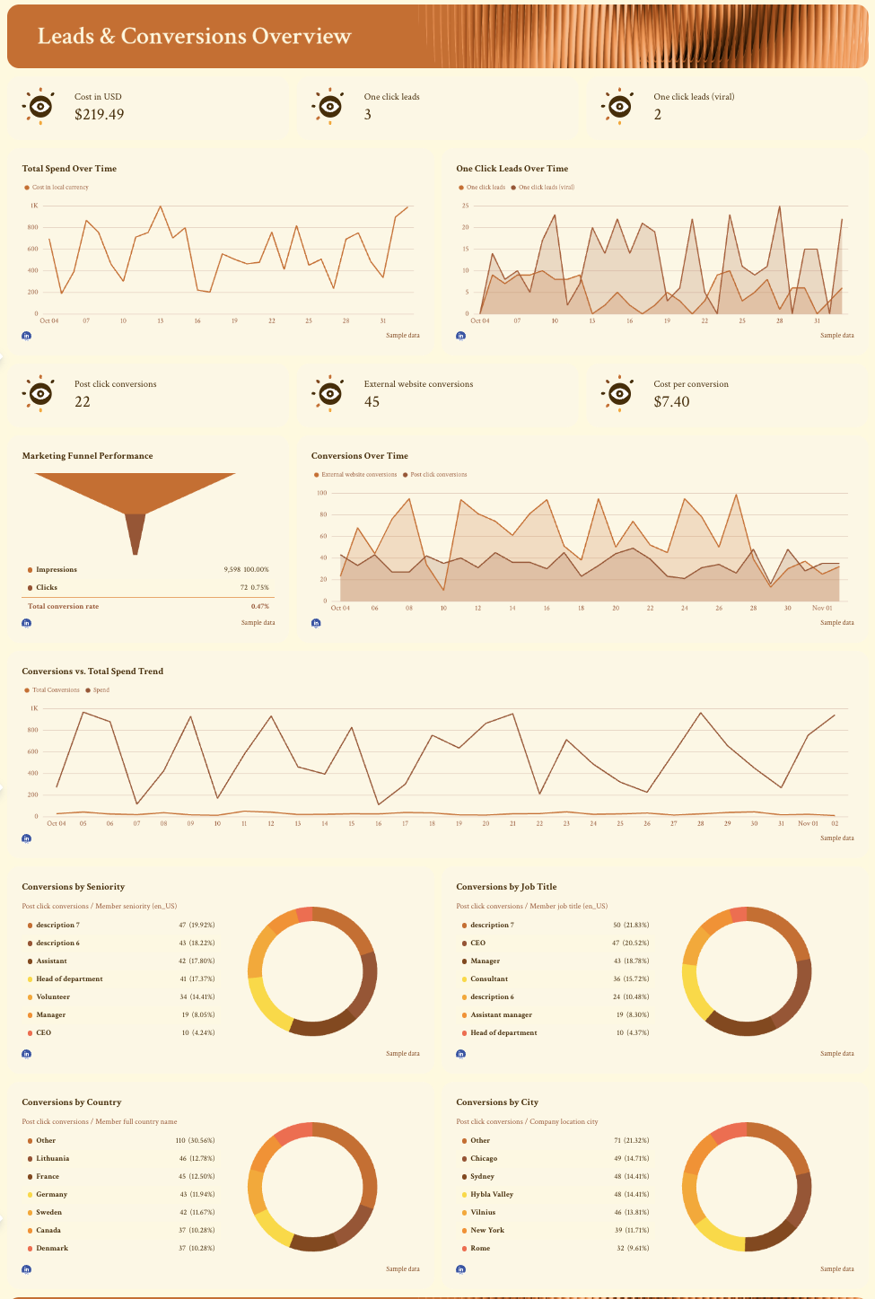 Social Media ROI Report - Dashboard of lead and conversion metrics with charts and graphs