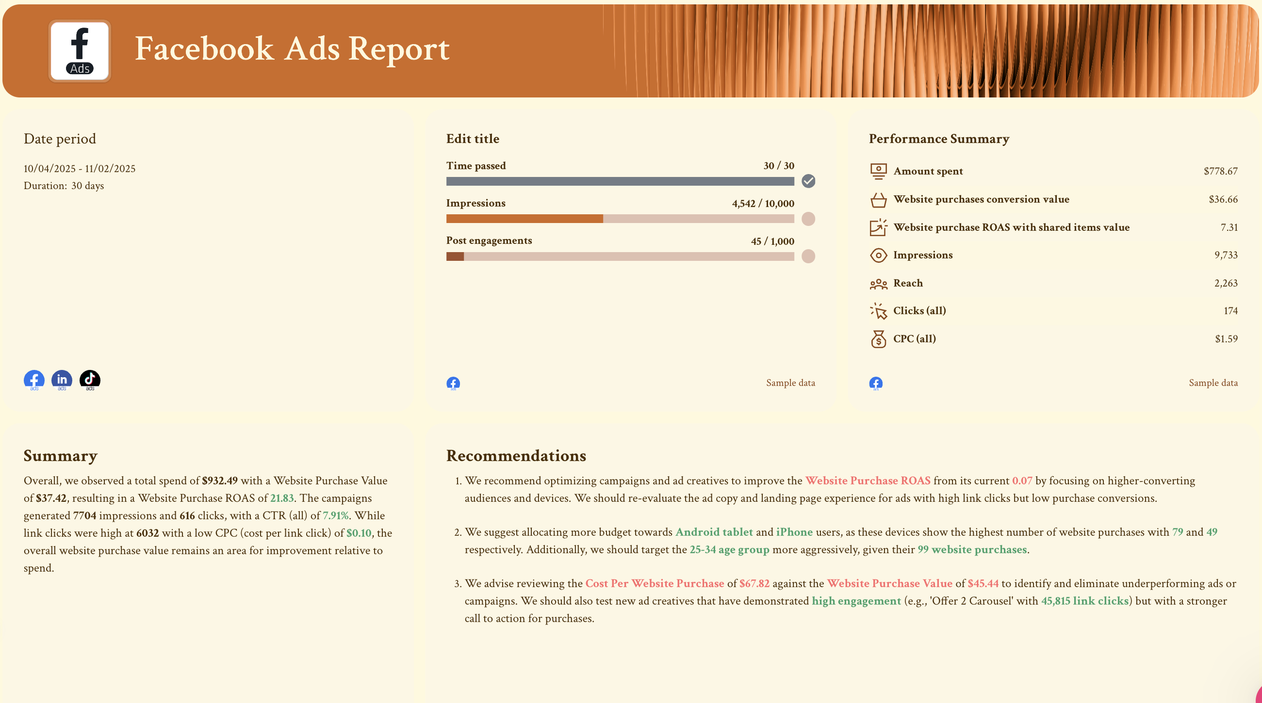 Social Media ROI Report - Facebook ads report showing performance metrics and recommendations.