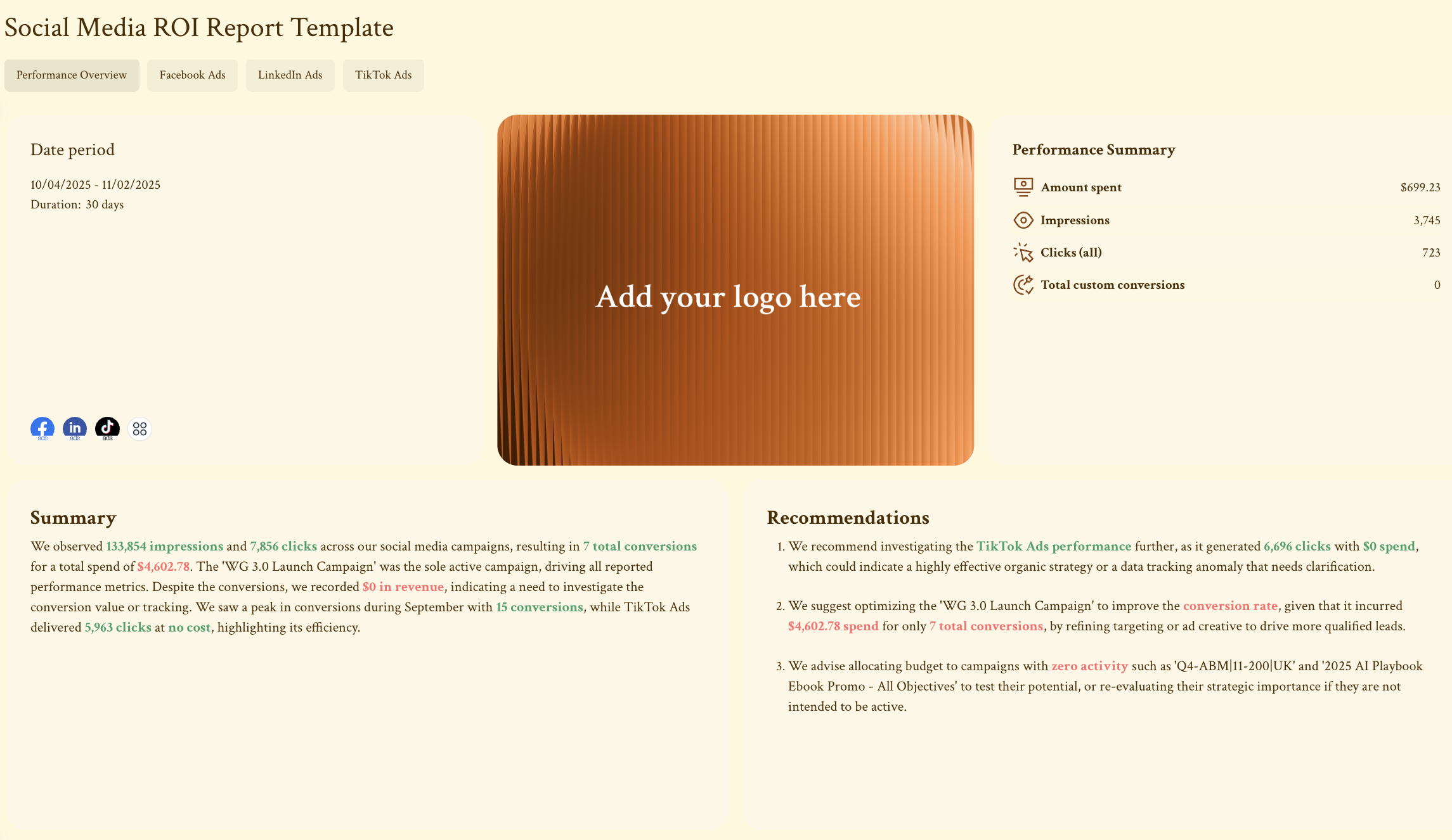 Social Media ROI Report Template - ROI report showing performance summary and recommendations.