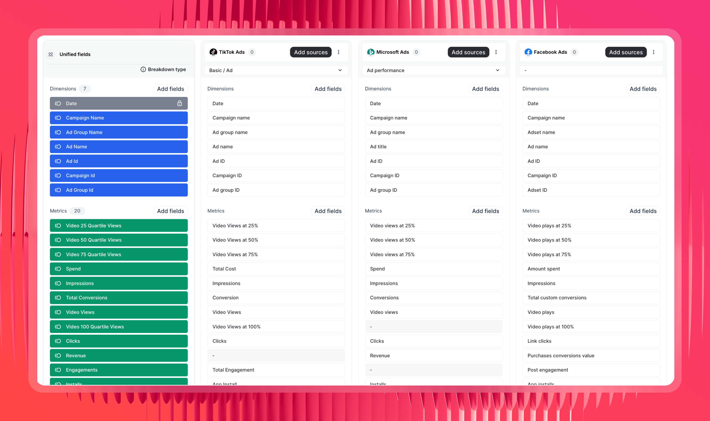 Source Groups - A configuration interface showing unified fields and source options.