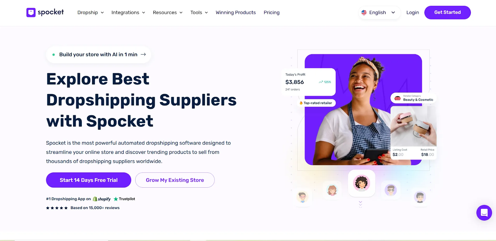 Spocket - A website promoting dropshipping services with a smiling woman in the background.