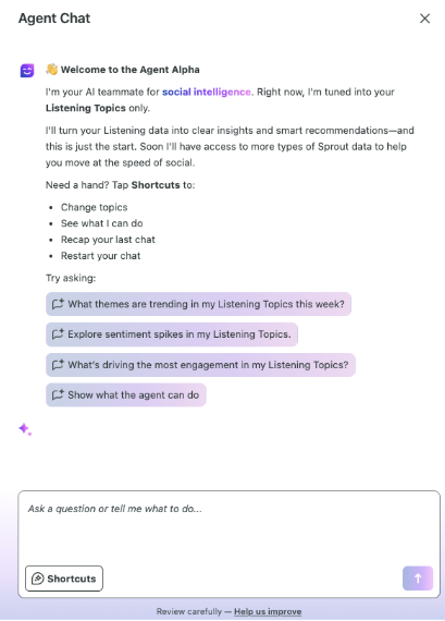 Sprout Social Trellis - Agent Chat assistant interface with shortcut options.