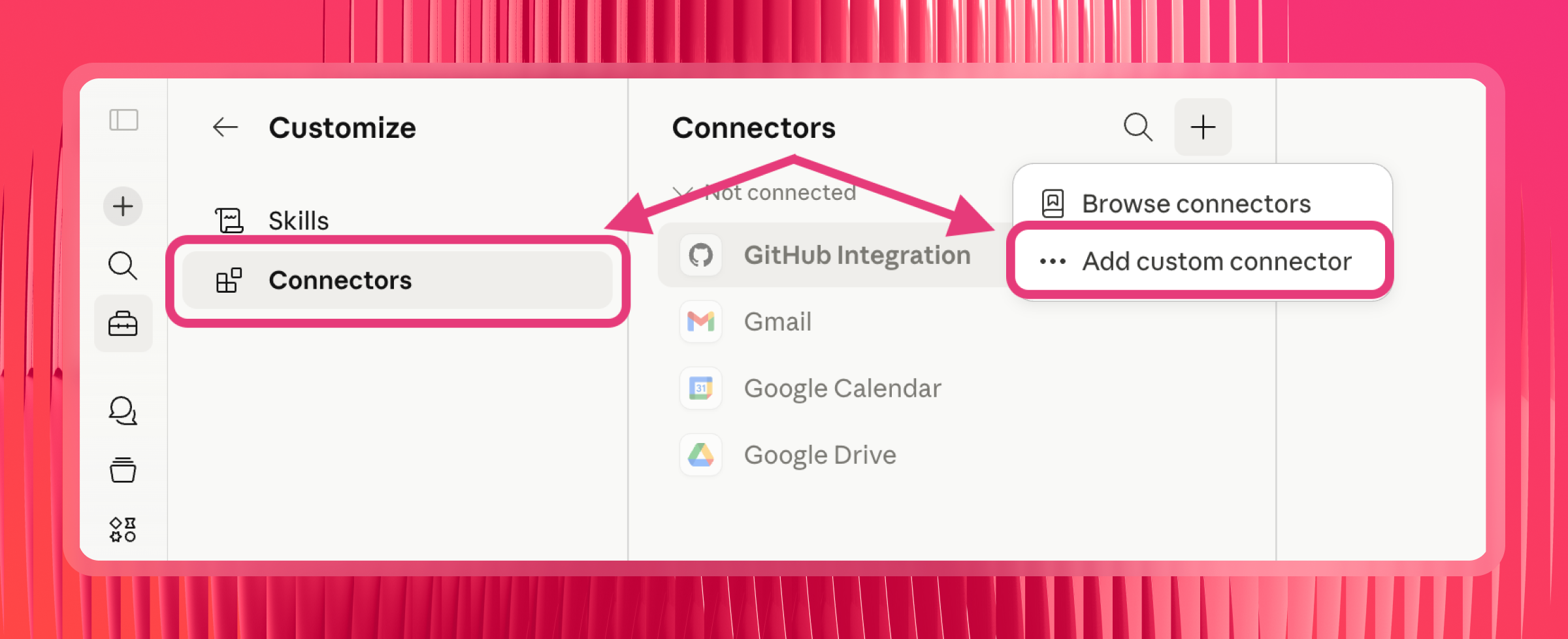 Google Ads MCP - A menu with the Customize option selected and the Connectors screen.
