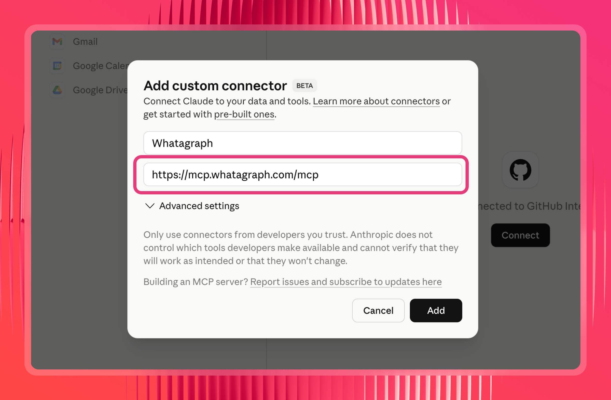Google Ads MCP - Dialog box for adding a custom connector with URL.