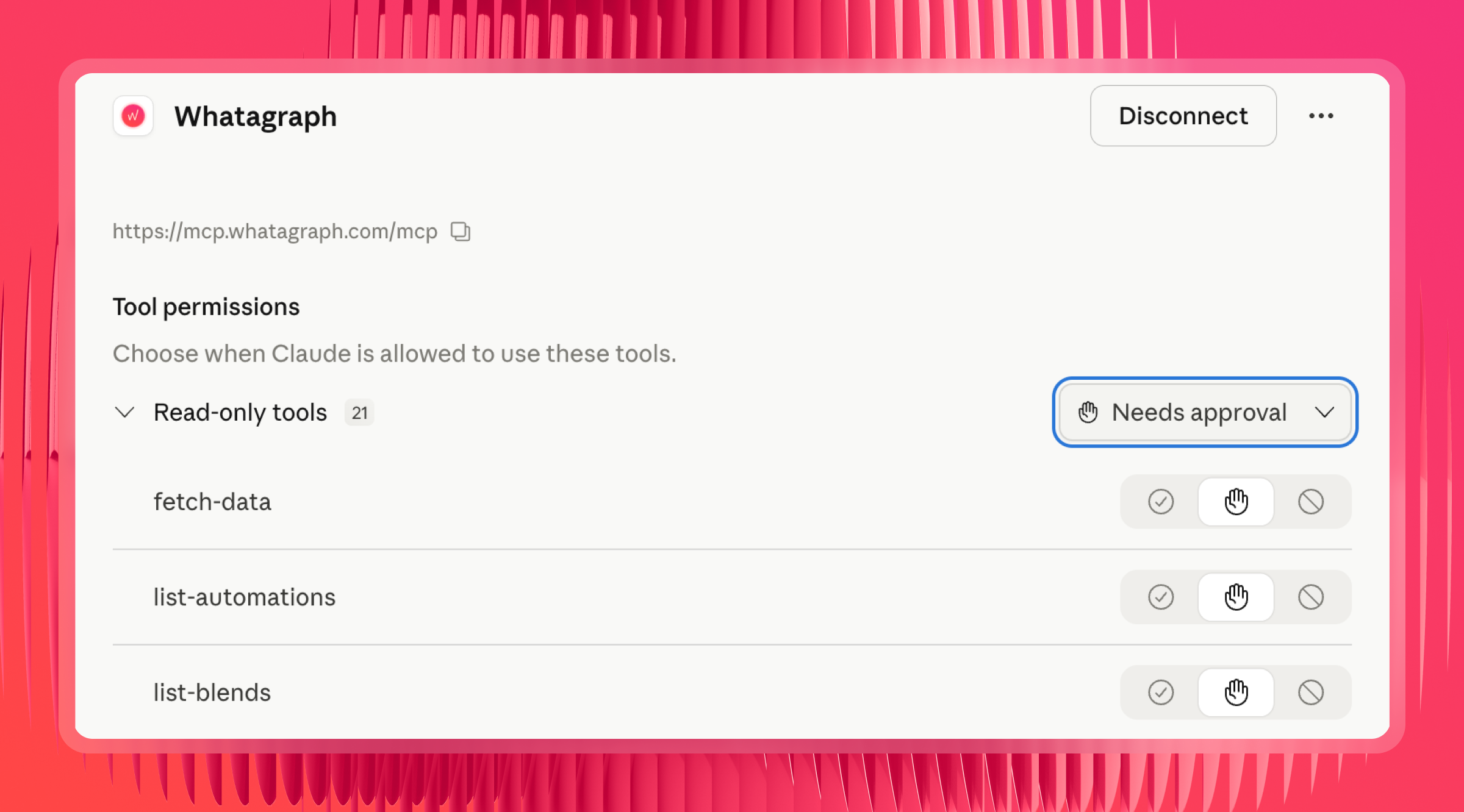 Google Ads MCP - A dialog box shows Whatagraph tool permissions.