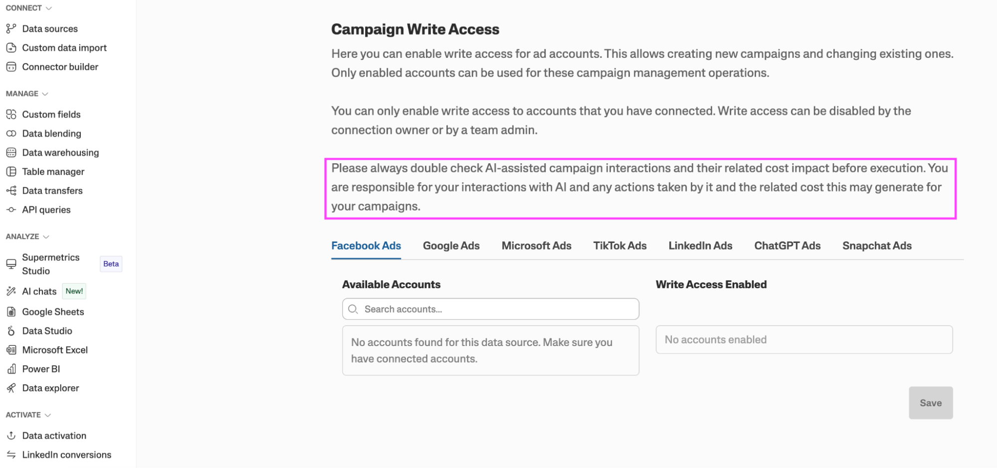 Supermetrics campaign write access feature