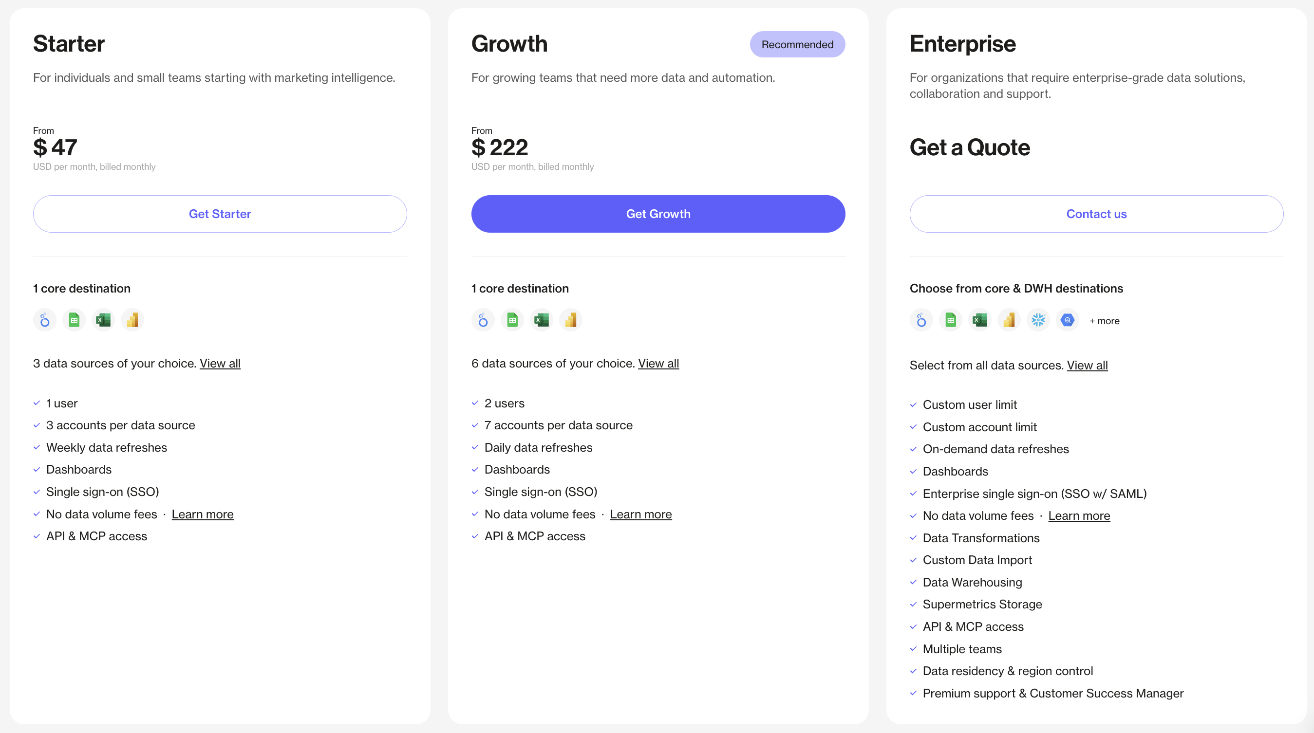 Supermetrics Pricing - Three pricing plans (Starter, Growth, Enterprise) in a comparison table.
