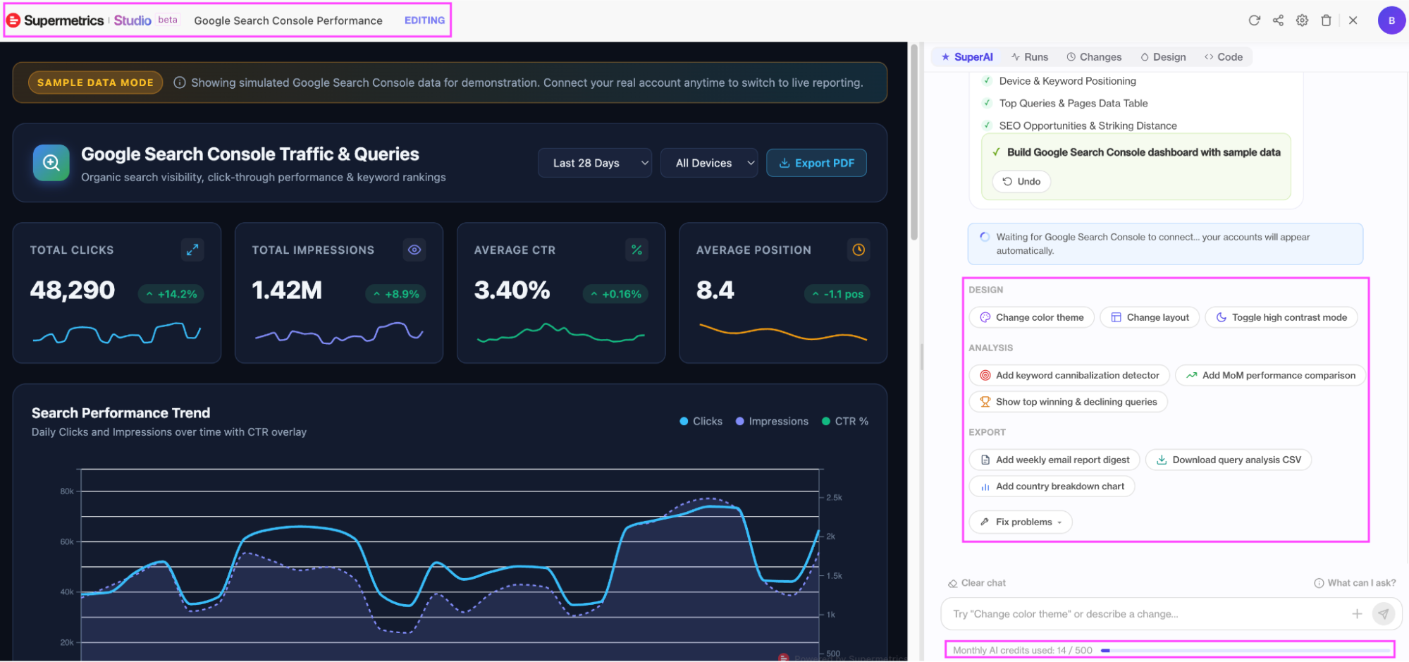 Supermetrics studio with the google search console traffic