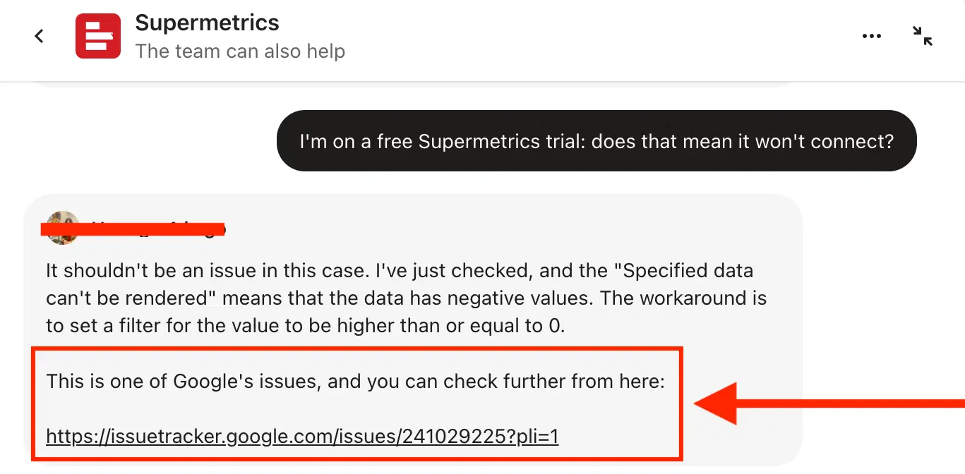 Supermetrics Support Chat - Supermetrics support chat with a red box highlighting a link to Google's issue tracker.
