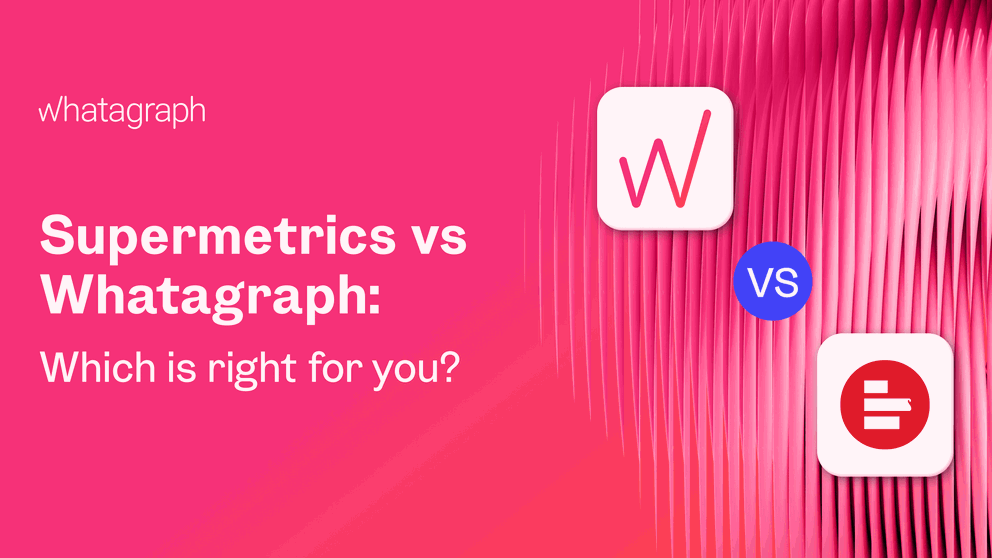 Supermetrics vs Whatagraph - Comparison graphic of two logos, with "VS" between them on a pink background.