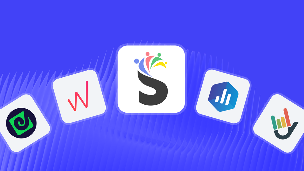 Swydo Alternatives - Five software application logos on a blue background.